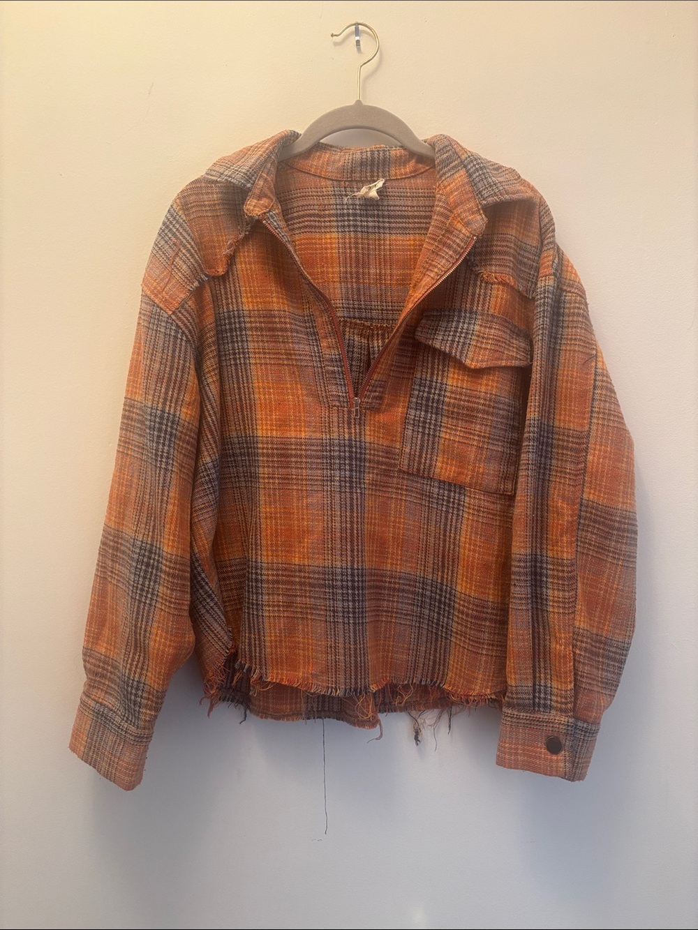 POL | Oversized Orange & Gray Plaid Pullover w/zip Sz S